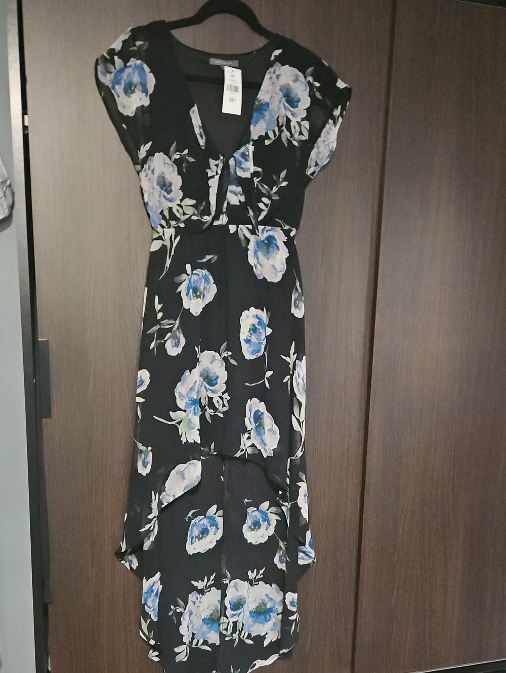 Suzy Shier Black High-Low Dress with Blue Floral Print
